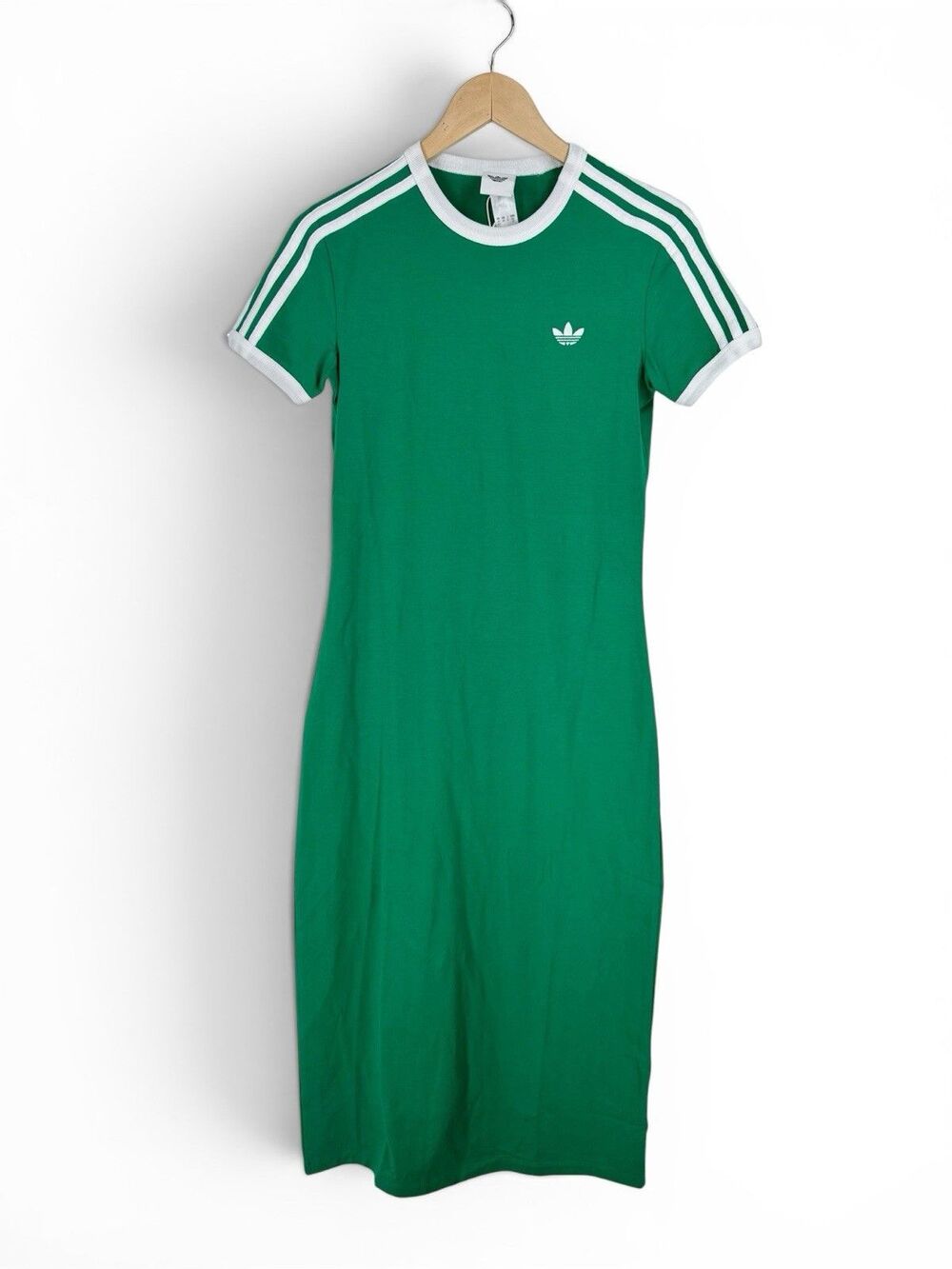 Adidas Originals NWT Green 3-Stripes Midi Dress Casuals Cotton Stretch Logo XS - Picture 2 of 6